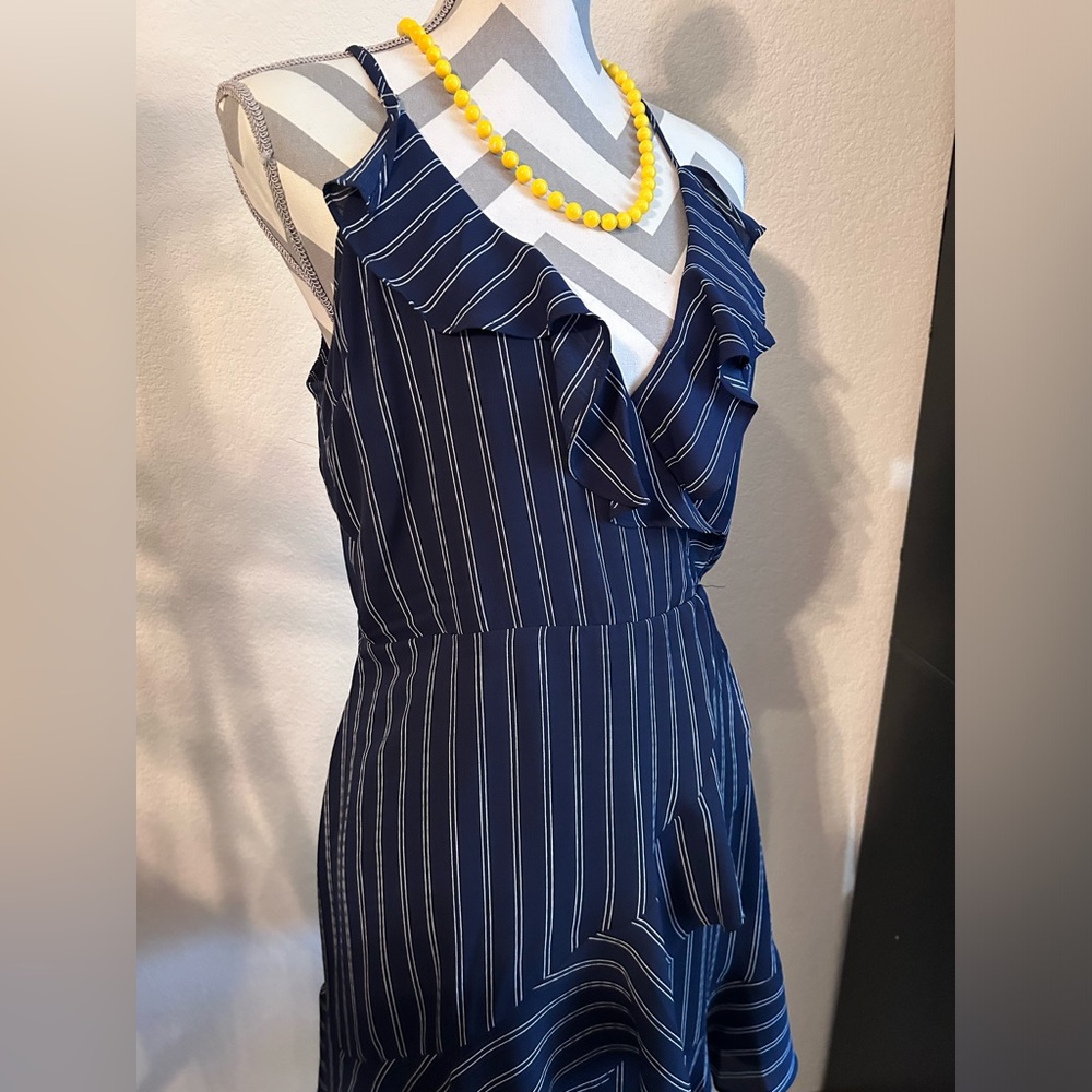 mine Navy Blue and White Striped Midi Dress